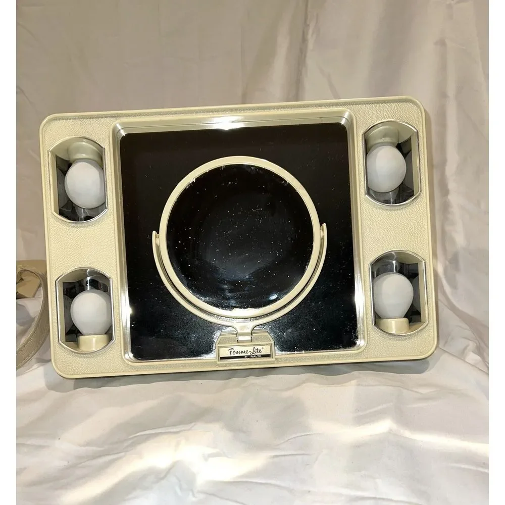 Femme-Lite Traveler Vintage Light Up Electric‎ Make Up Beauty Mirror W/Case Rare